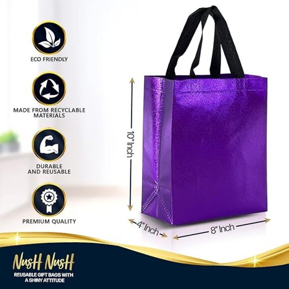 Purple Gift Bags Medium Size – Set of 12 Shiny Purple Reusable Gift Bags - Picture 4 of 4